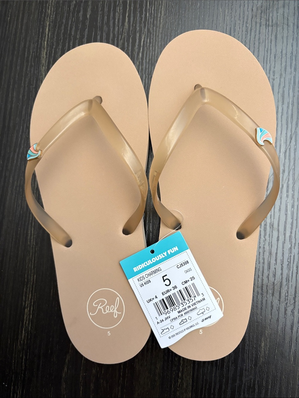 Reef Tan Jelly Flip Flop Sandals with Wave Accent Kids Size 5